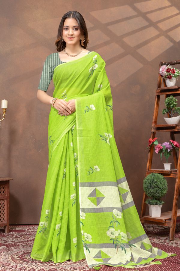 Varnavi Green Floral Linen Cotton Saree with Printed Border