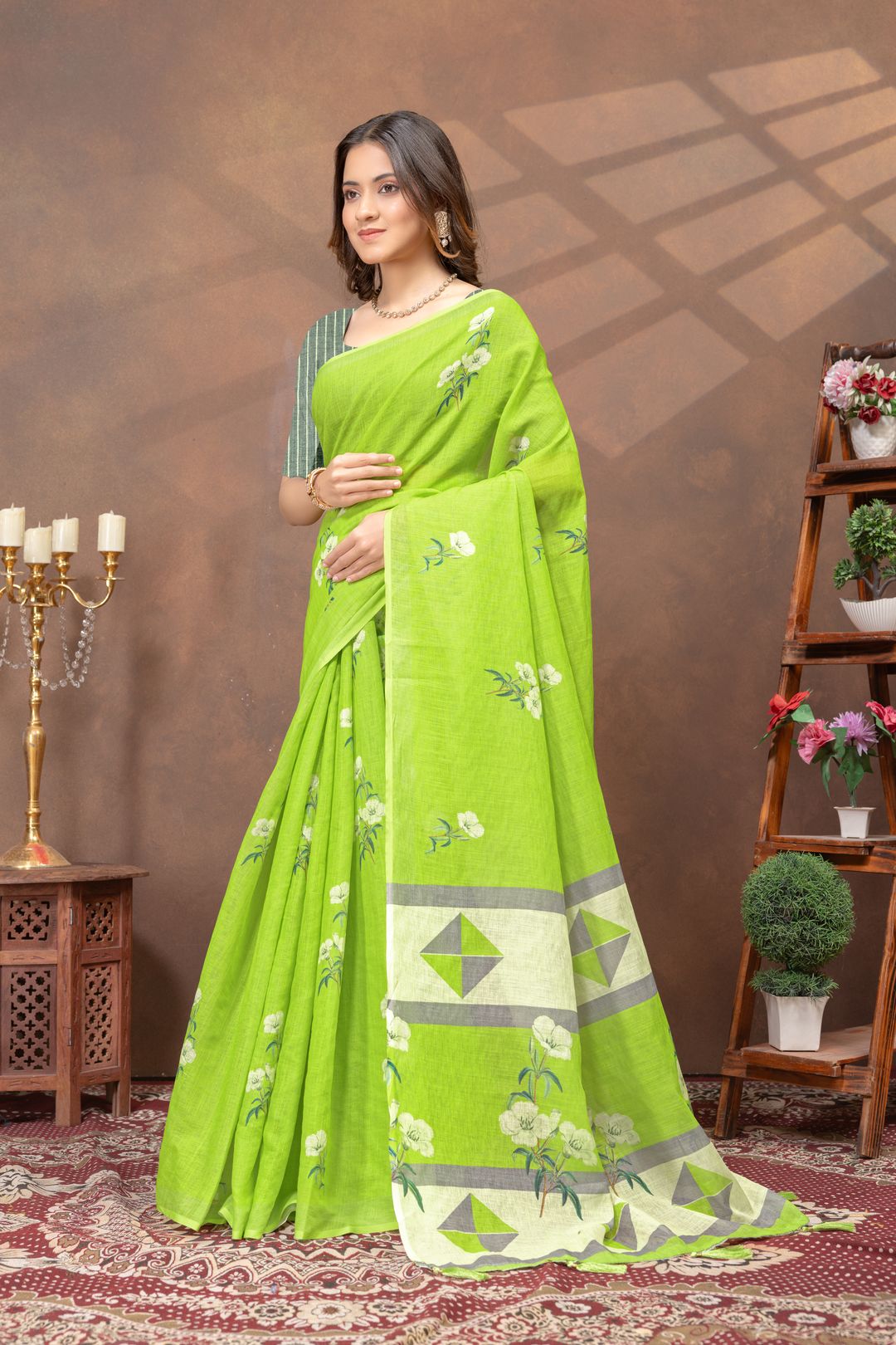 Varnavi Green Floral Linen Cotton Saree with Printed Border