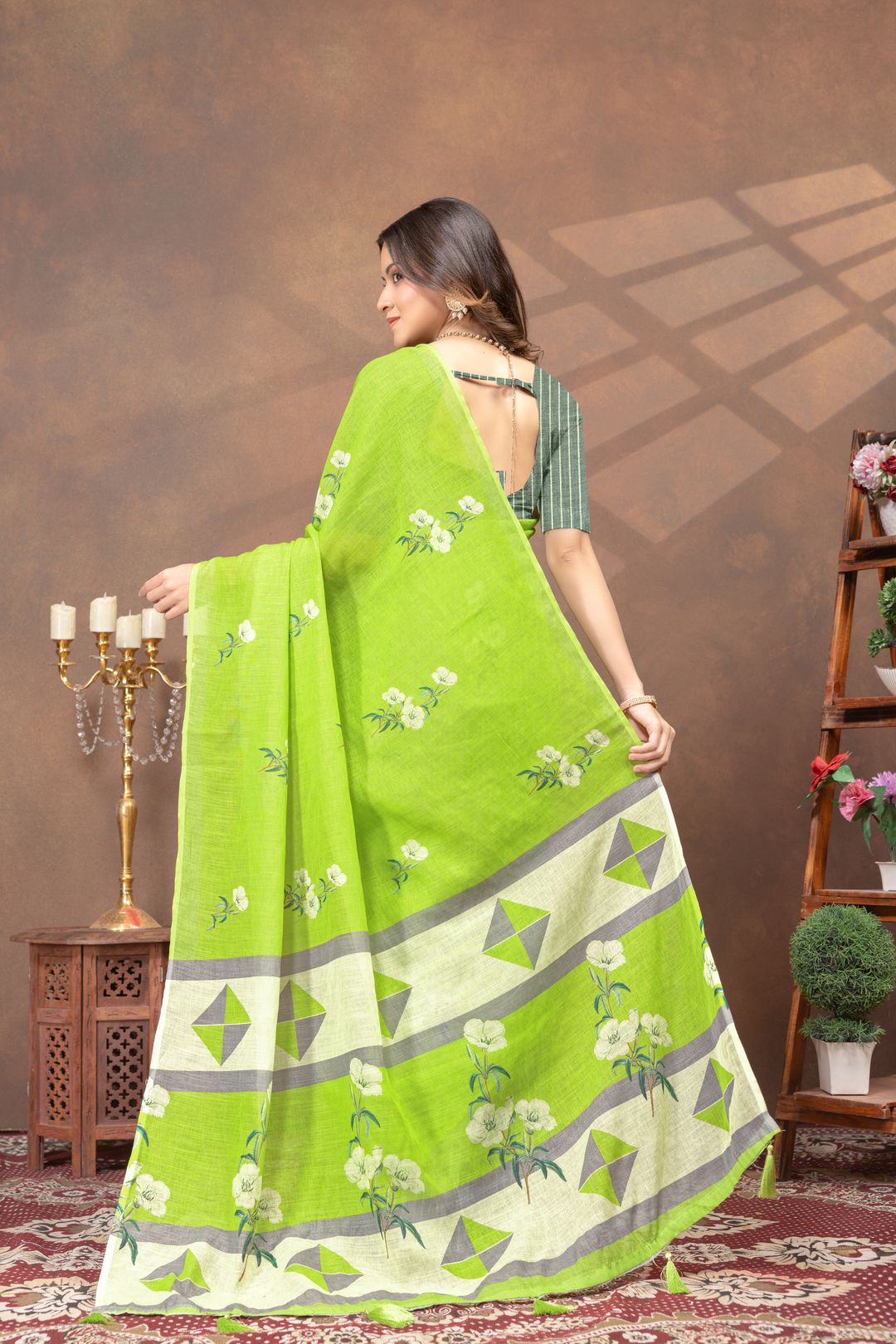 Varnavi Green Floral Linen Cotton Saree with Printed Border
