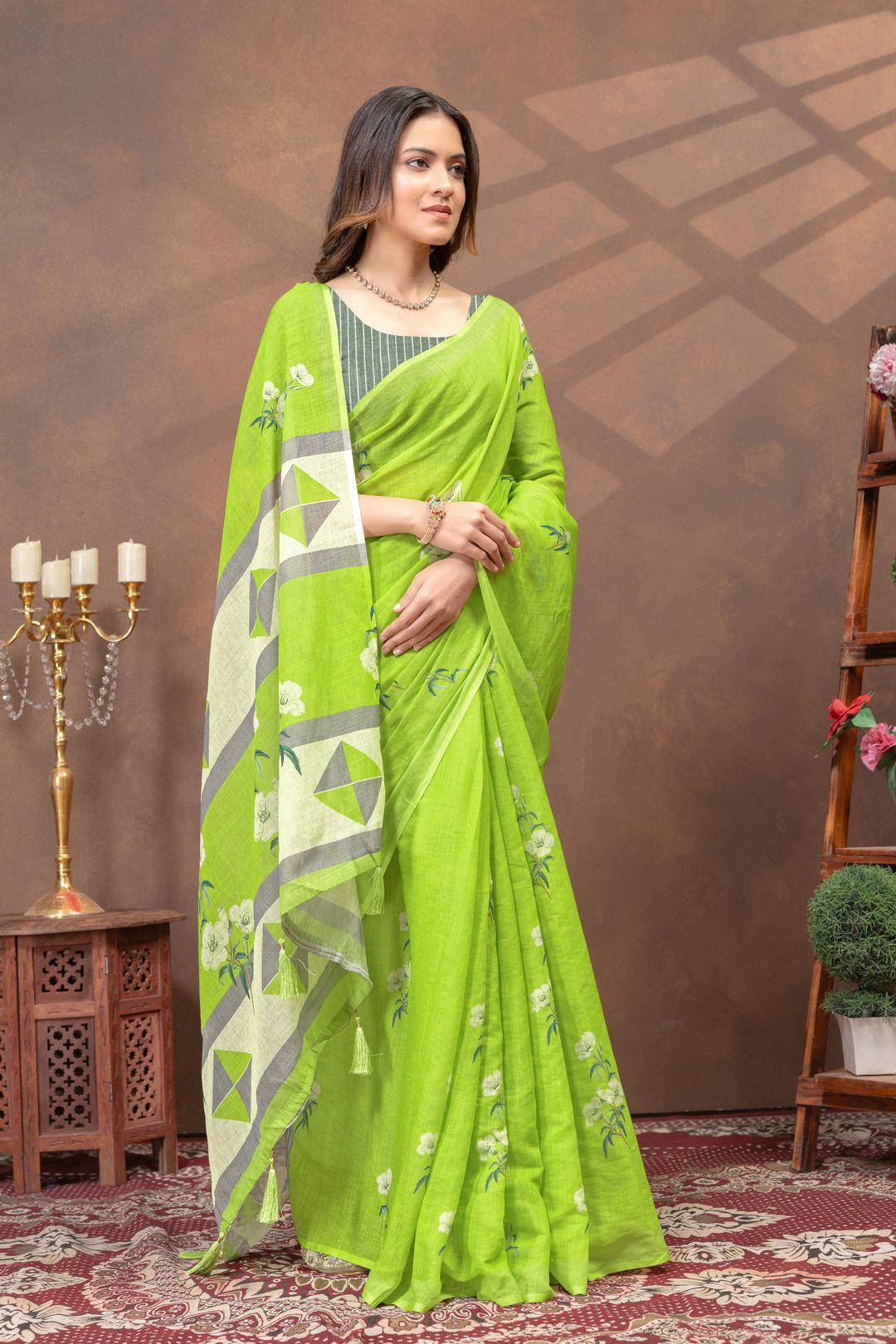 Varnavi Green Floral Linen Cotton Saree with Printed Border