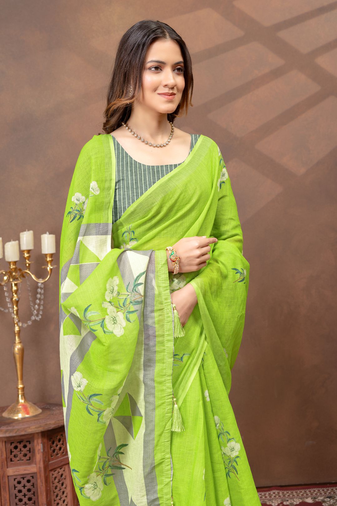 Varnavi Green Floral Linen Cotton Saree with Printed Border