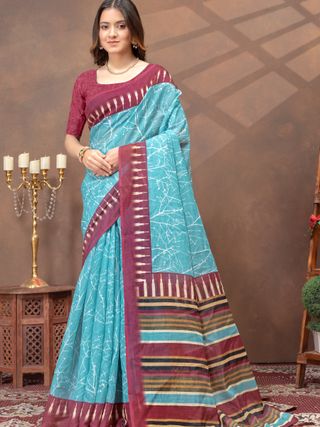 Turquoise Printed Satin Saree With Maroon Striped Border