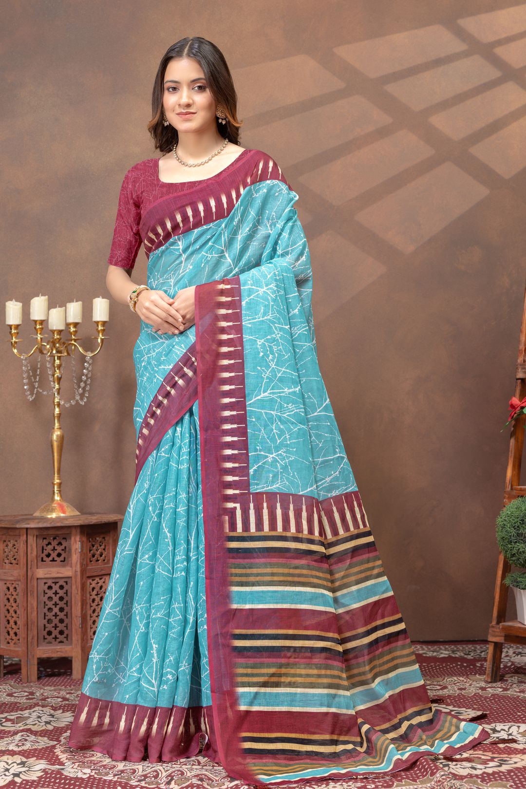 Turquoise Printed Satin Saree With Maroon Striped Border