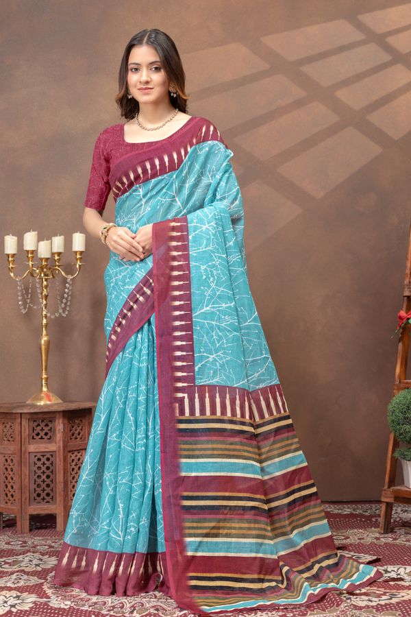 Turquoise Printed Satin Saree With Maroon Striped Border