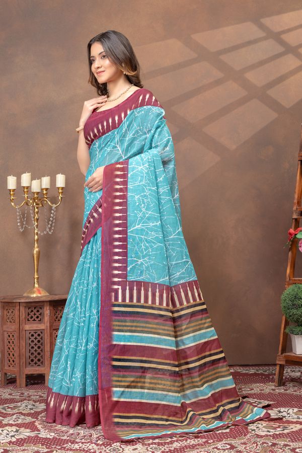 Turquoise Printed Satin Saree With Maroon Striped Border
