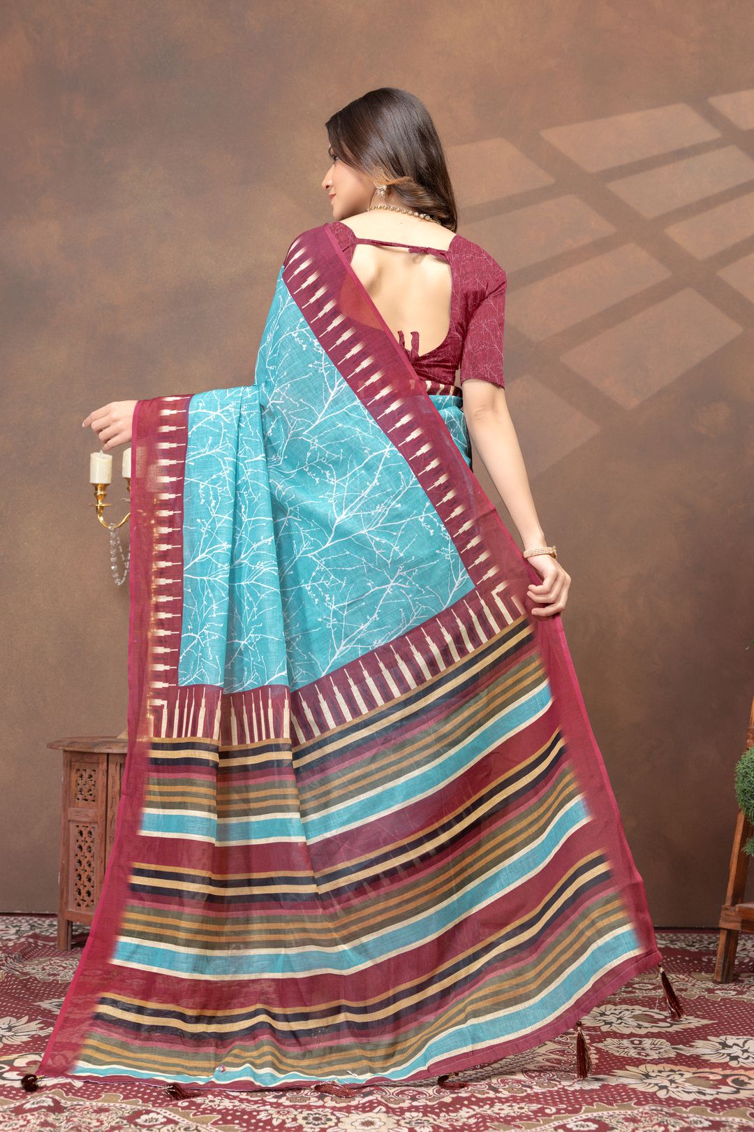 Turquoise Printed Satin Saree With Maroon Striped Border