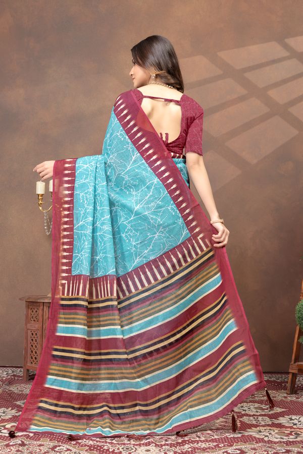 Turquoise Printed Satin Saree With Maroon Striped Border
