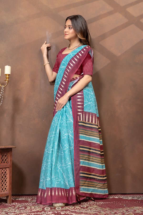 Turquoise Printed Satin Saree With Maroon Striped Border