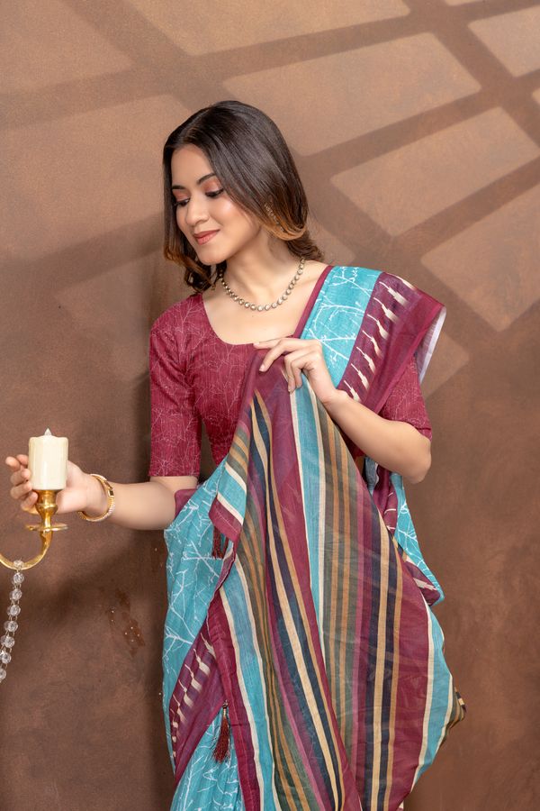 Turquoise Printed Satin Saree With Maroon Striped Border