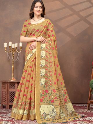 Mustard Lotus Print Linen Cotton Saree Online - Varnavi