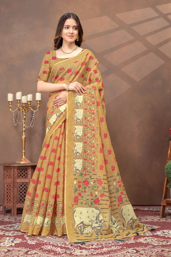 Mustard Lotus Print Linen Cotton Saree Online - Varnavi