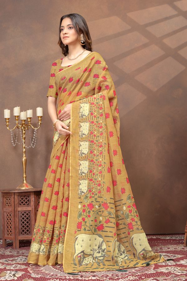 Mustard Lotus Print Linen Cotton Saree Online - Varnavi