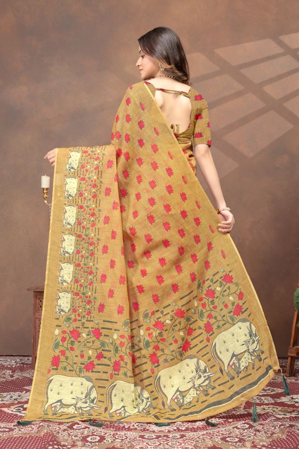 Mustard Lotus Print Linen Cotton Saree Online - Varnavi