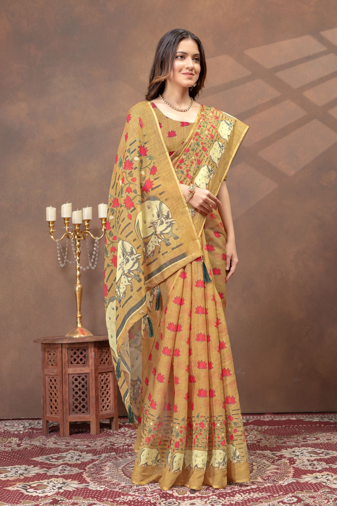 Mustard Lotus Print Linen Cotton Saree Online - Varnavi