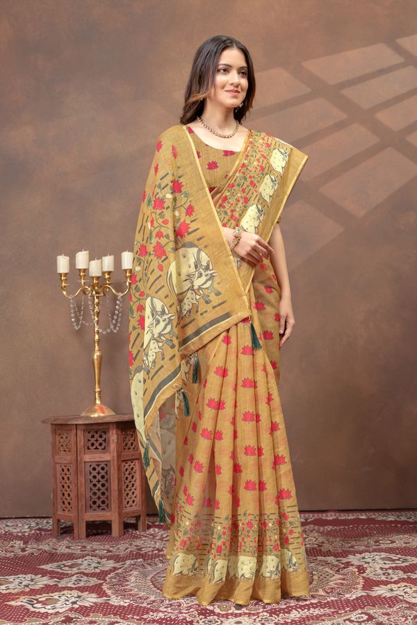 Mustard Lotus Print Linen Cotton Saree Online - Varnavi