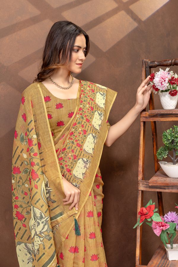 Mustard Lotus Print Linen Cotton Saree Online - Varnavi