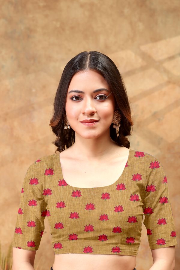 Mustard Lotus Print Linen Cotton Saree Online - Varnavi