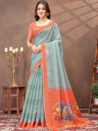 Teal Green Linen Cotton Printed Saree with Contrast Border