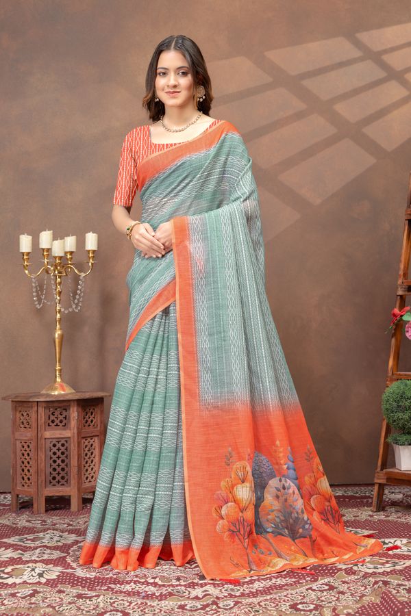 Teal Green Linen Cotton Printed Saree with Contrast Border