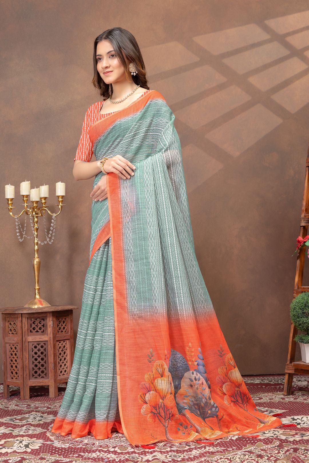 Teal Green Linen Cotton Printed Saree with Contrast Border