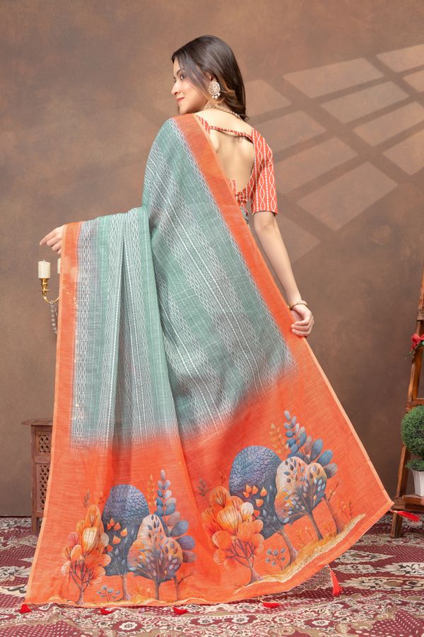 Teal Green Linen Cotton Printed Saree with Contrast Border