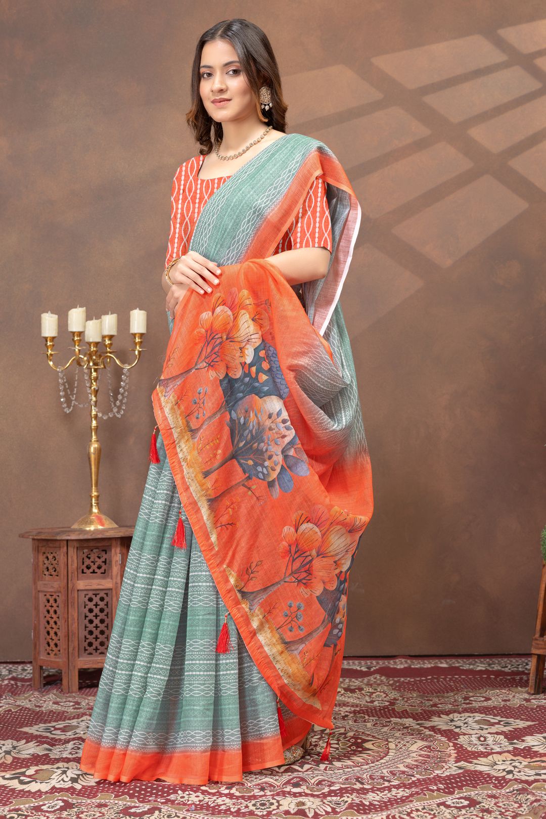 Teal Green Linen Cotton Printed Saree with Contrast Border