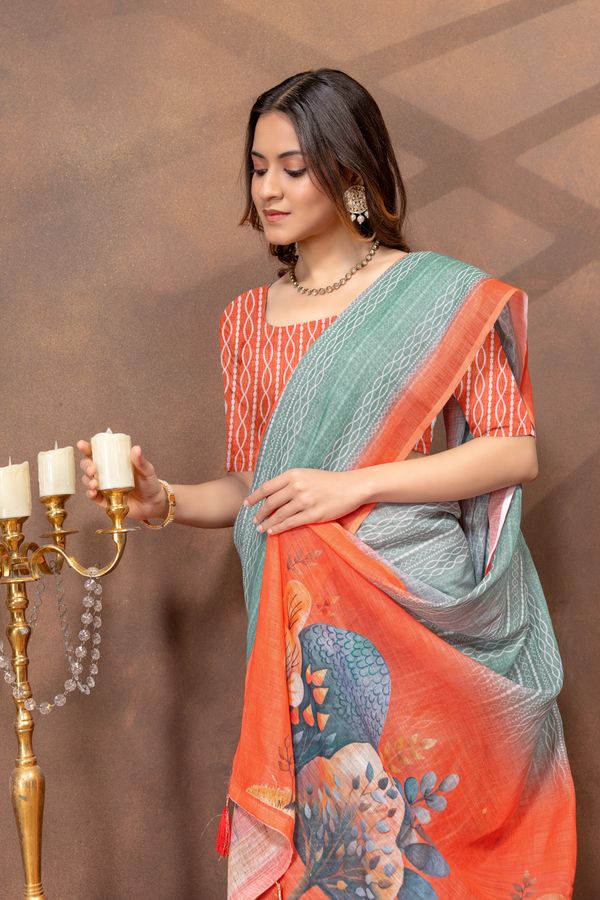 Teal Green Linen Cotton Printed Saree with Contrast Border