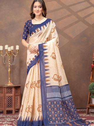 Beige Linen Cotton Saree with Peacock Print and Navy Border