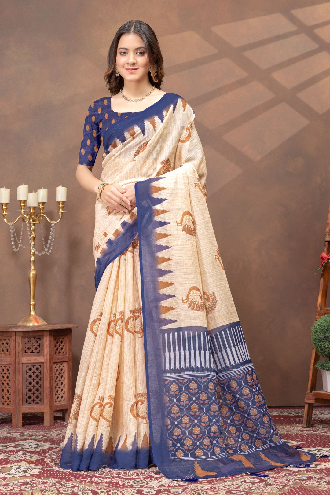 Beige Linen Cotton Saree with Peacock Print and Navy Border