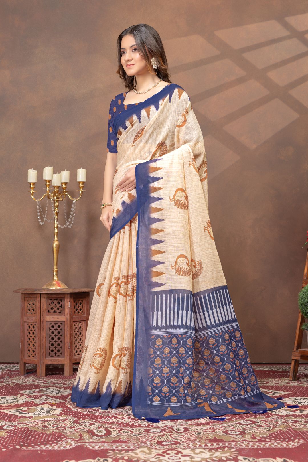 Beige Linen Cotton Saree with Peacock Print and Navy Border