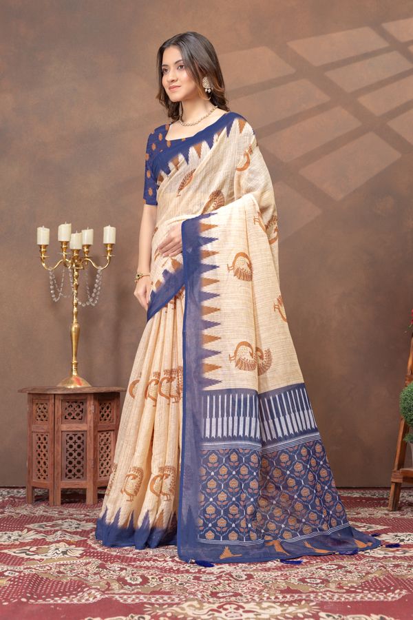 Beige Linen Cotton Saree with Peacock Print and Navy Border
