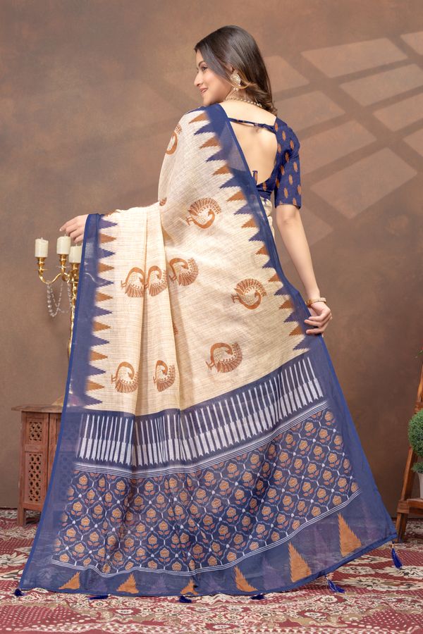 Beige Linen Cotton Saree with Peacock Print and Navy Border