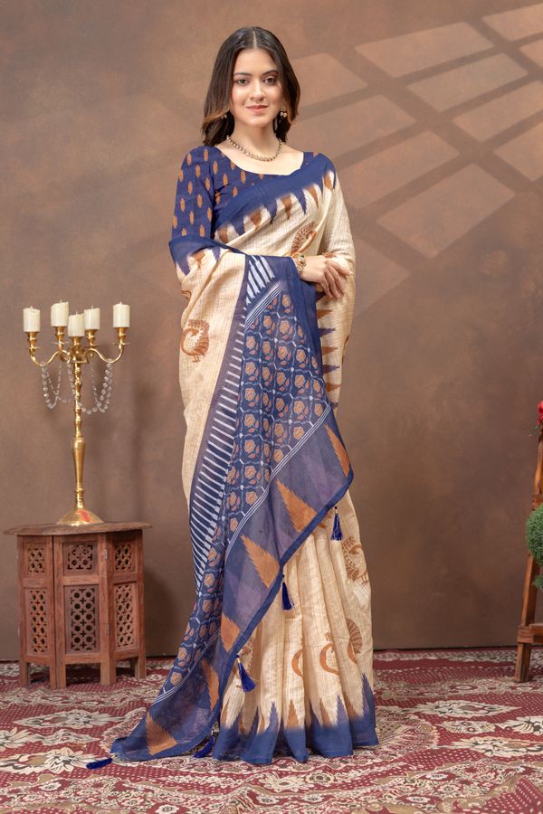 Beige Linen Cotton Saree with Peacock Print and Navy Border