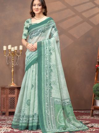 Pastel Green Folk Print Saree with Traditional Woven Border