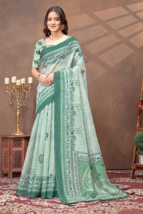 Pastel Green Folk Print Saree with Traditional Woven Border