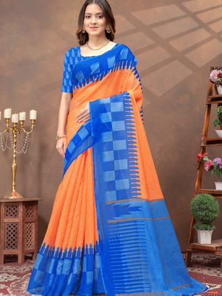 Varnavi Blue Orange Linen Cotton Saree with Printed Borders