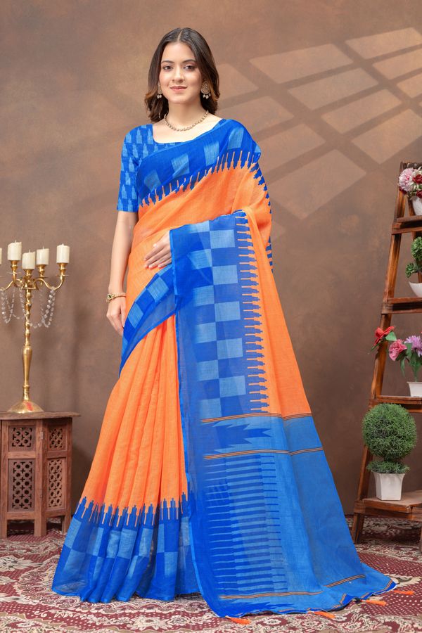 Varnavi Blue Orange Linen Cotton Saree with Printed Borders