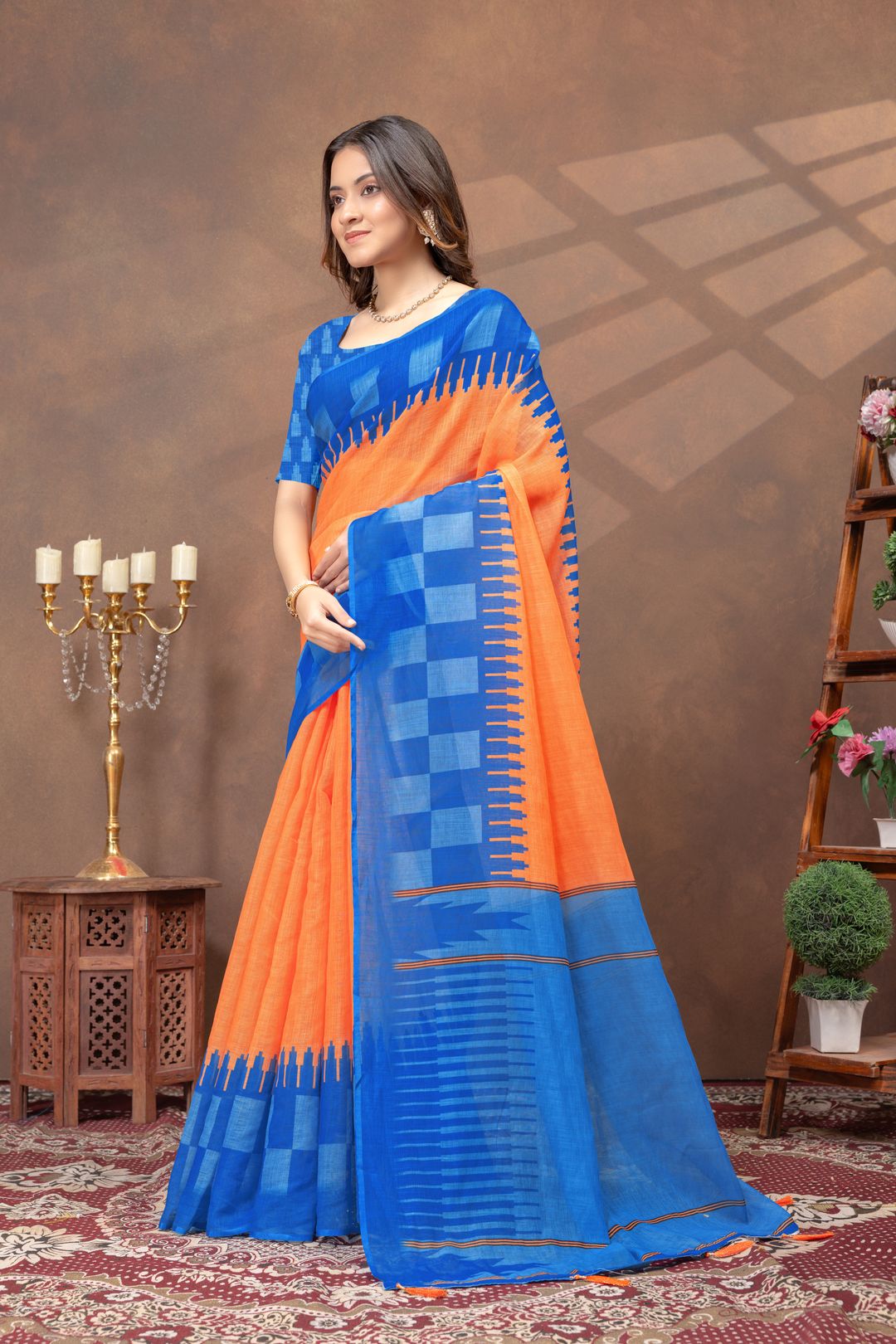 Varnavi Blue Orange Linen Cotton Saree with Printed Borders