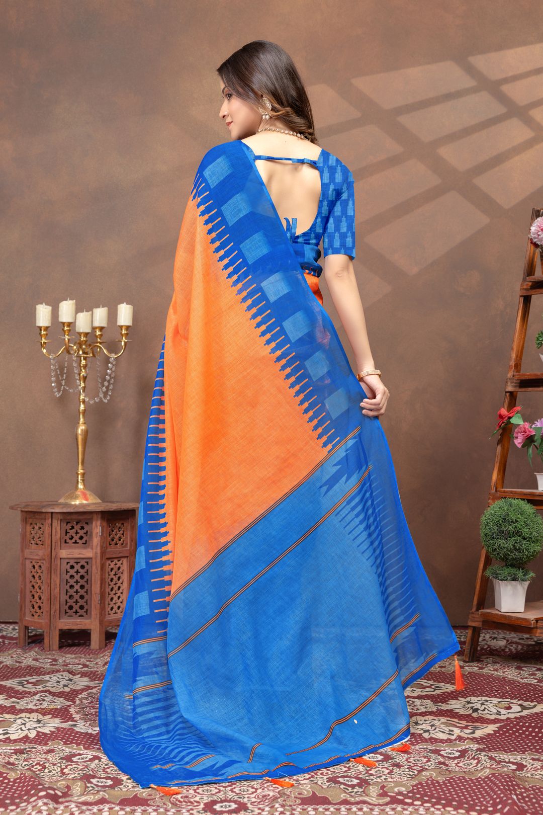 Varnavi Blue Orange Linen Cotton Saree with Printed Borders