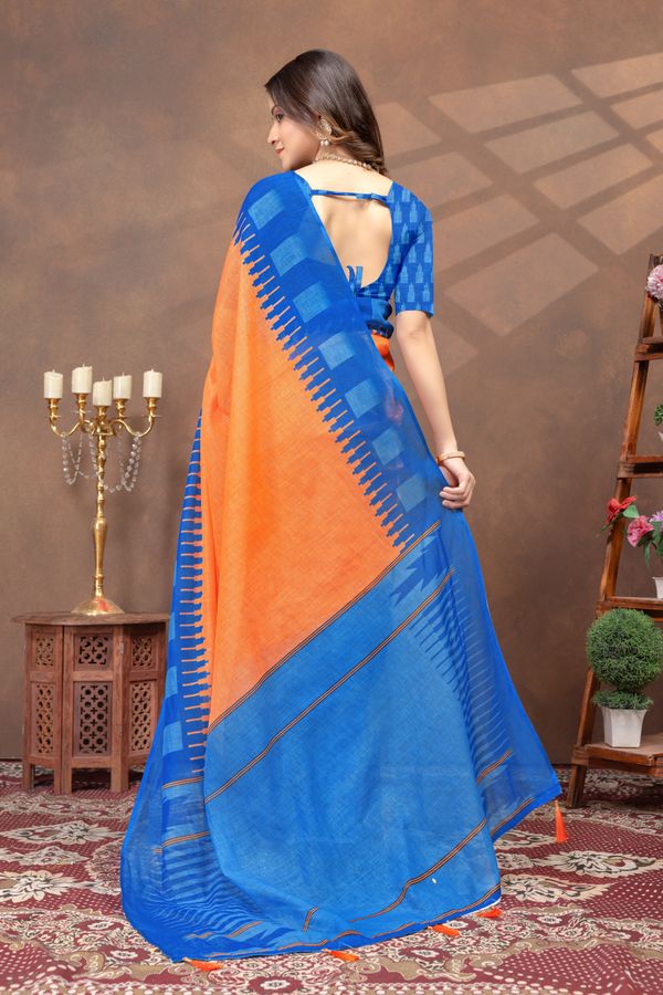 Varnavi Blue Orange Linen Cotton Saree with Printed Borders