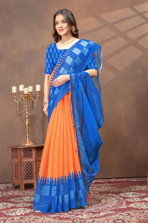 Varnavi Blue Orange Linen Cotton Saree with Printed Borders