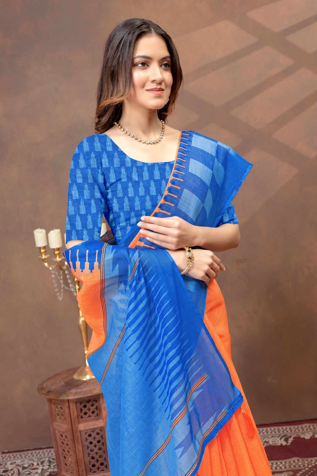 Varnavi Blue Orange Linen Cotton Saree with Printed Borders
