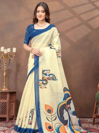 Varnavi Cream Linen Cotton Saree with Blue Artistic Print