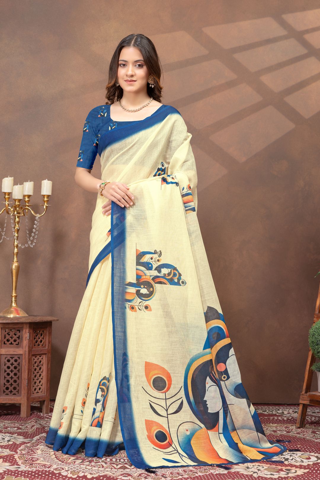 Varnavi Cream Linen Cotton Saree with Blue Artistic Print