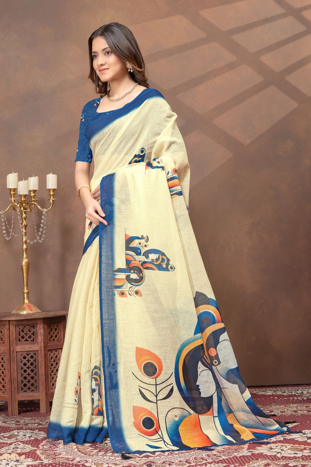 Varnavi Cream Linen Cotton Saree with Blue Artistic Print