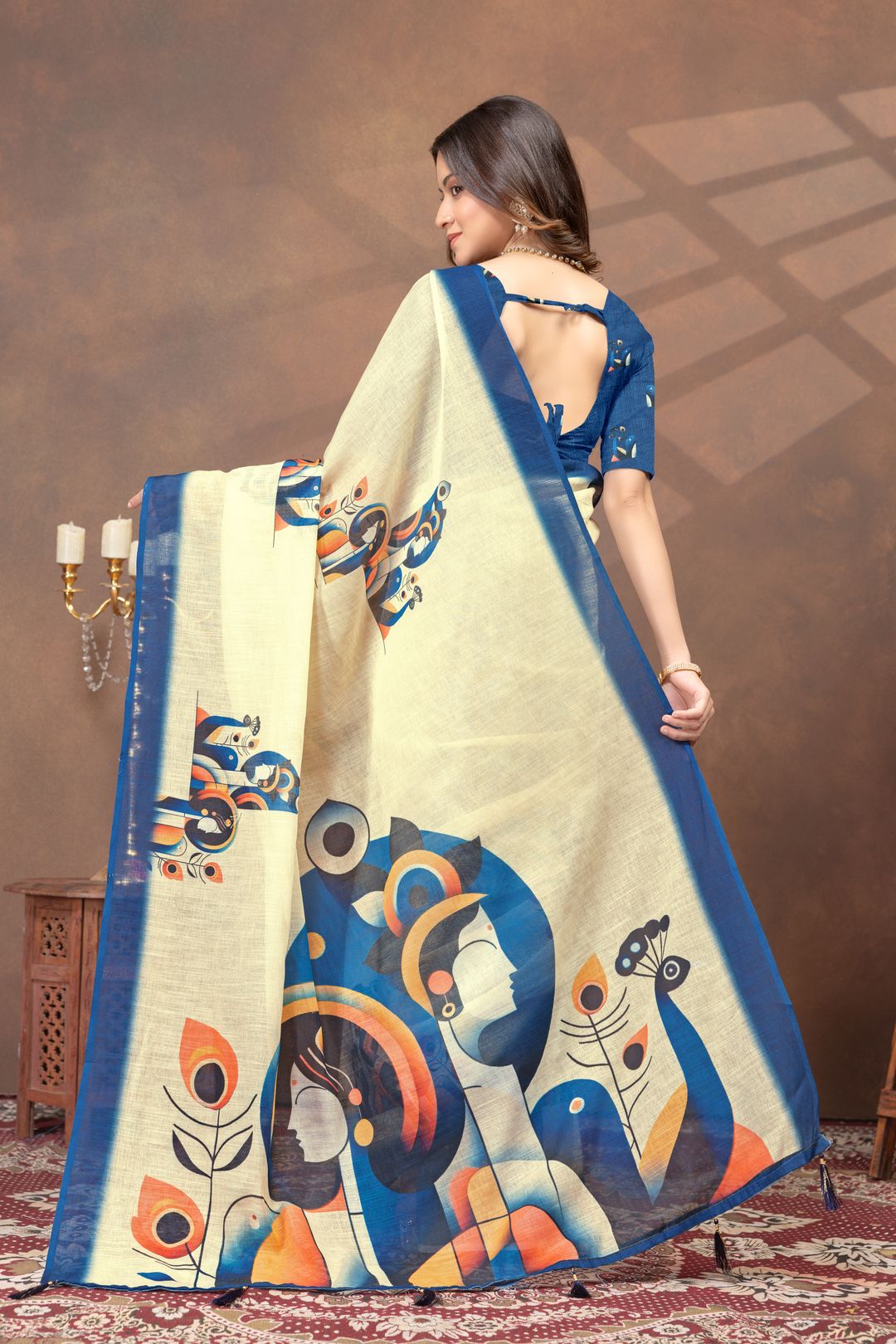 Varnavi Cream Linen Cotton Saree with Blue Artistic Print