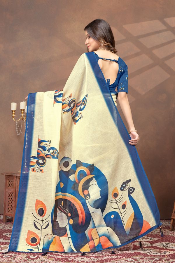 Varnavi Cream Linen Cotton Saree with Blue Artistic Print