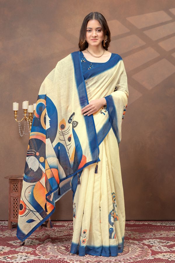 Varnavi Cream Linen Cotton Saree with Blue Artistic Print