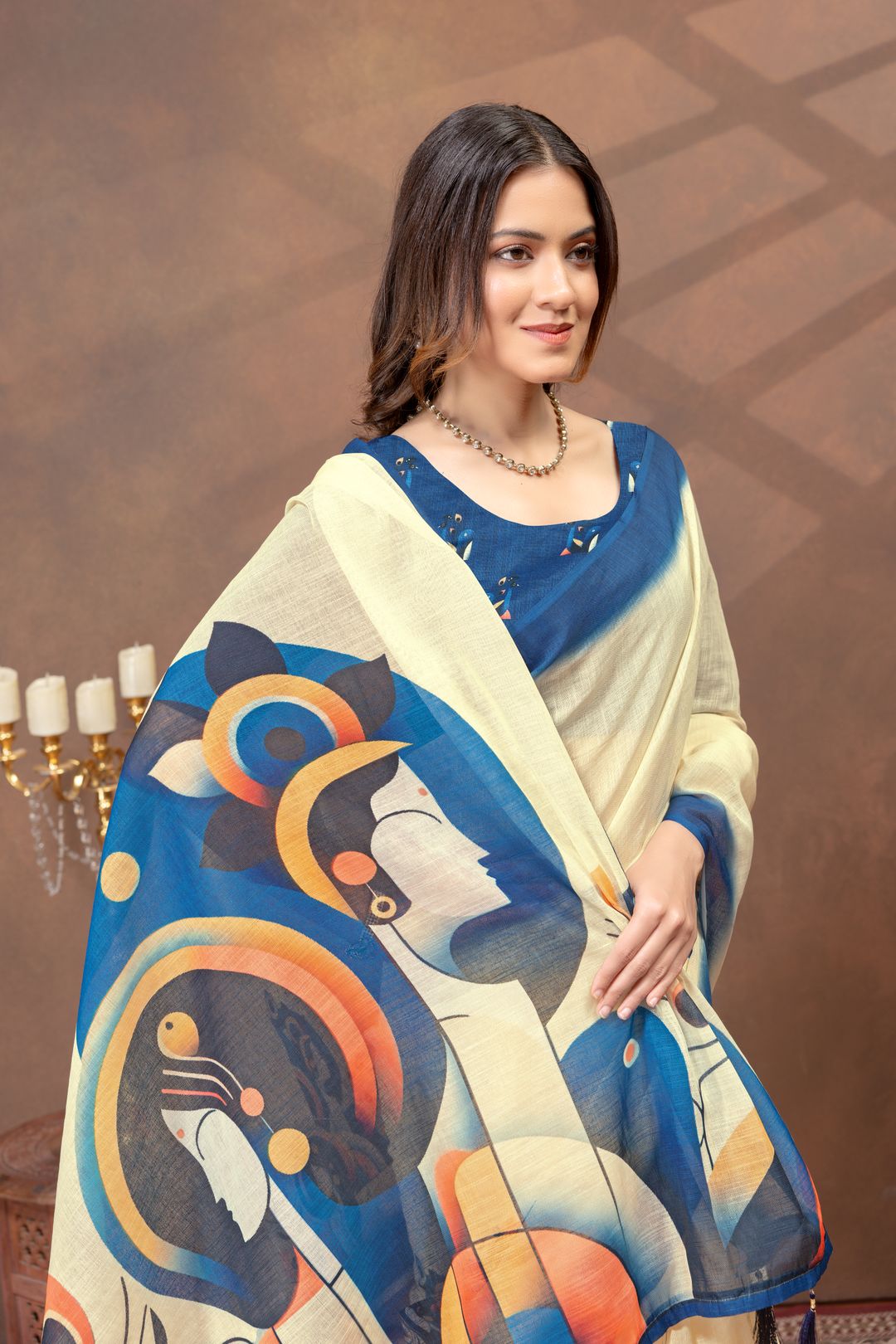 Varnavi Cream Linen Cotton Saree with Blue Artistic Print