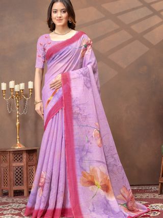 Purple Floral Print Satin Saree With Contrast Border Blouse